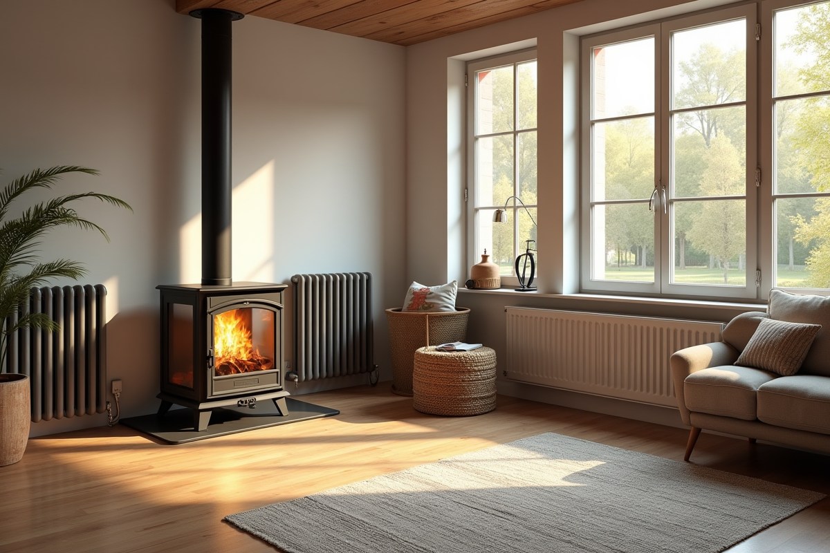 Salon moderne avec poeles et radiateurs visibles