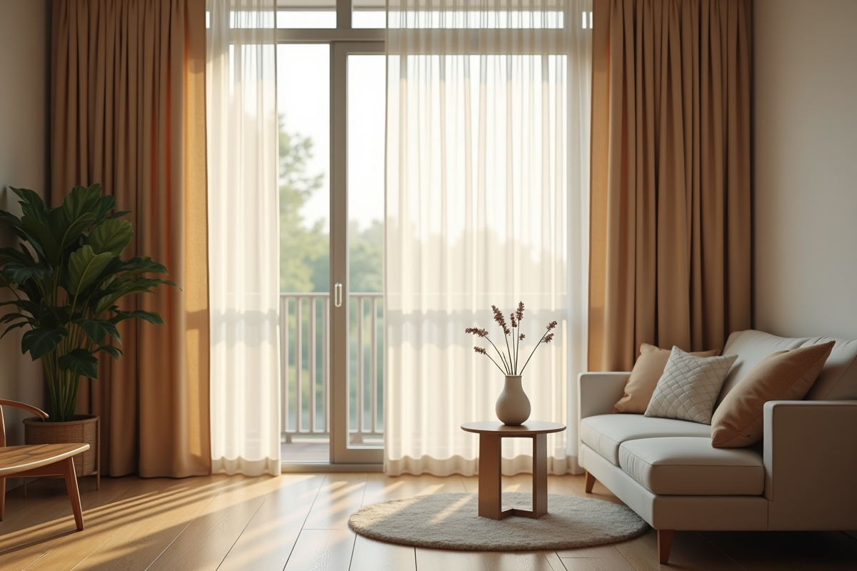 Salon moderne avec grande fenetre et rideaux occultants