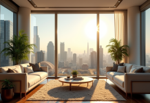 Salon lumineux avec vue sur la ville en journée