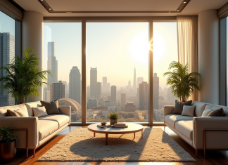 Salon lumineux avec vue sur la ville en journée