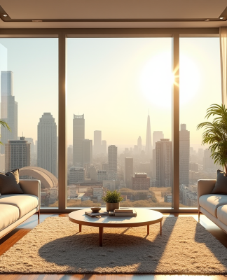 Salon lumineux avec vue sur la ville en journée