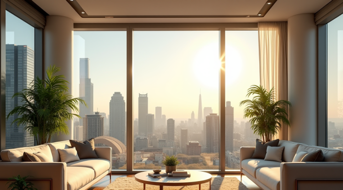 Salon lumineux avec vue sur la ville en journée