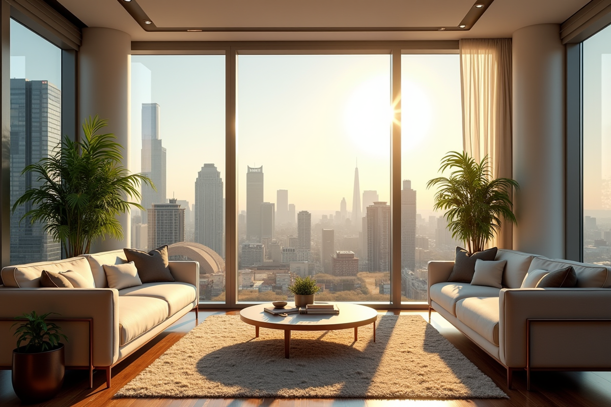 Salon lumineux avec vue sur la ville en journée