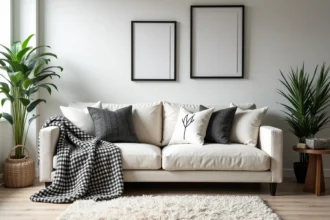 Salon cocooning en noir et blanc avec canapé ivoire, plaid en maille chunky, coussins géométriques et grand tapis moelleux