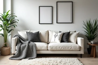 Salon cocooning en noir et blanc avec canapé ivoire, plaid en maille chunky, coussins géométriques et grand tapis moelleux