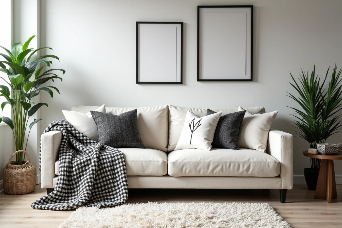 Salon cocooning en noir et blanc avec canapé ivoire, plaid en maille chunky, coussins géométriques et grand tapis moelleux
