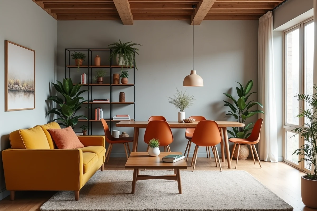 Salon et salle à manger dans la même pièce style scandinave avec étagère ouverte comme séparation et mobilier en teck mi-siècle