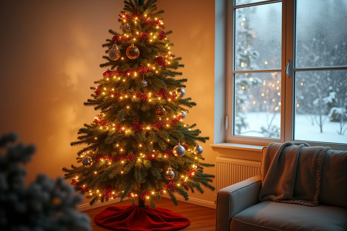 Sapin de Noël décoré de guirlandes lumineuses dorées dans un salon cosy avec parquet et fenêtre enneigée