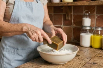 Femme râpant du savon fiel de bœuf dans un bol avec du vinaigre blanc et du bicarbonate dans une cuisine rustique