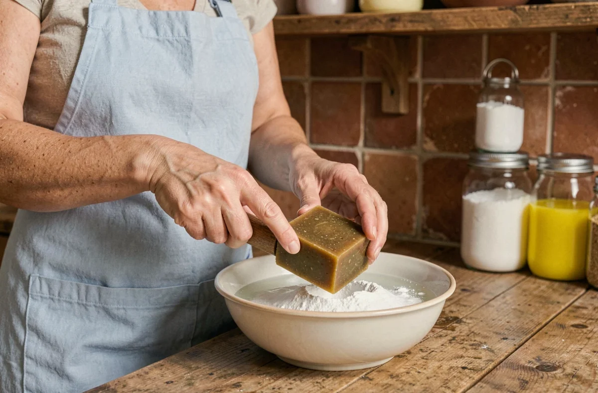Femme râpant du savon fiel de bœuf dans un bol avec du vinaigre blanc et du bicarbonate dans une cuisine rustique