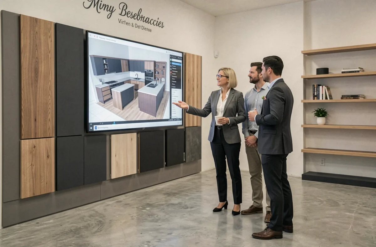 Conseillère en cuisine chez SB Cuisines et Design présentant un projet personnalisé à un couple de clients