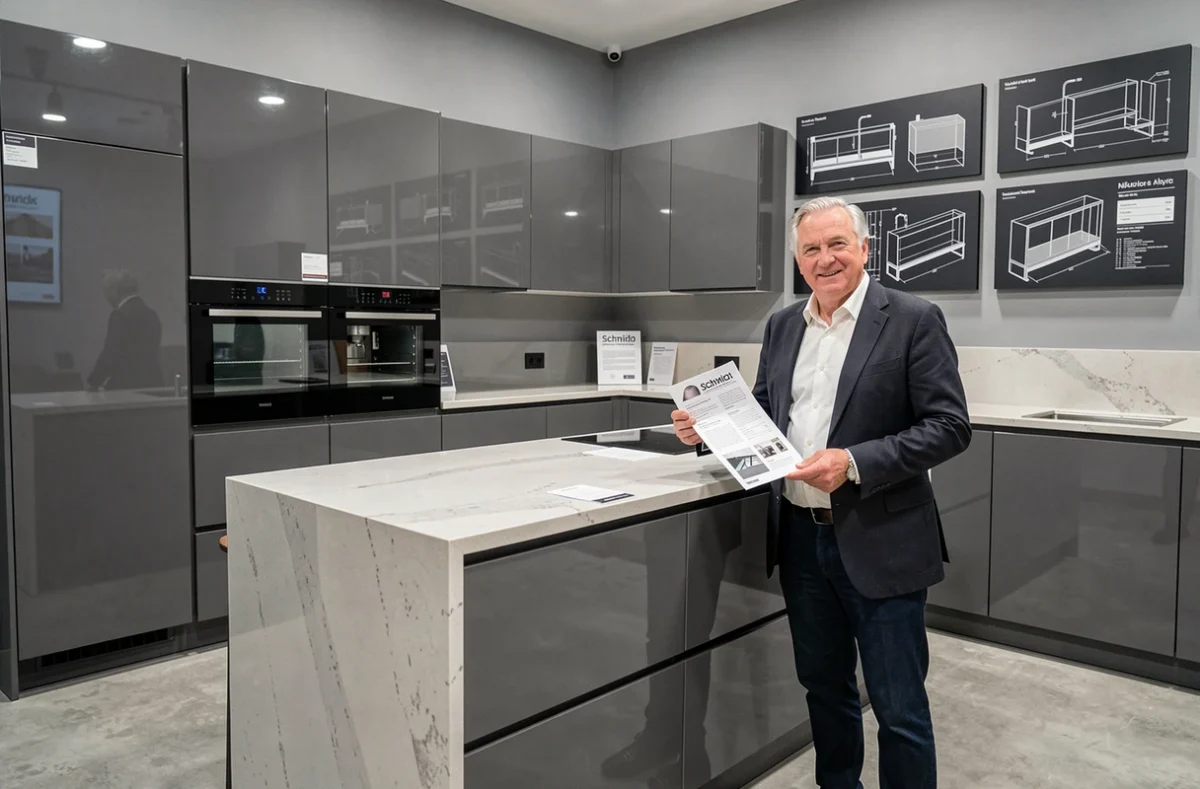 Cuisine gris graphite brillant avec îlot en quartz dans le showroom Schmidt de Nîmes