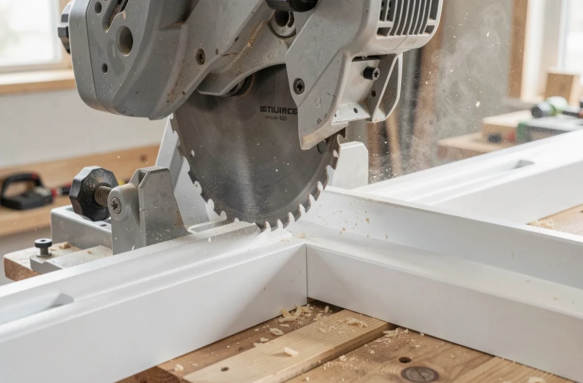 Scie à onglet électrique coupant une plinthe blanche à 45 degrés pour réaliser un angle rentrant