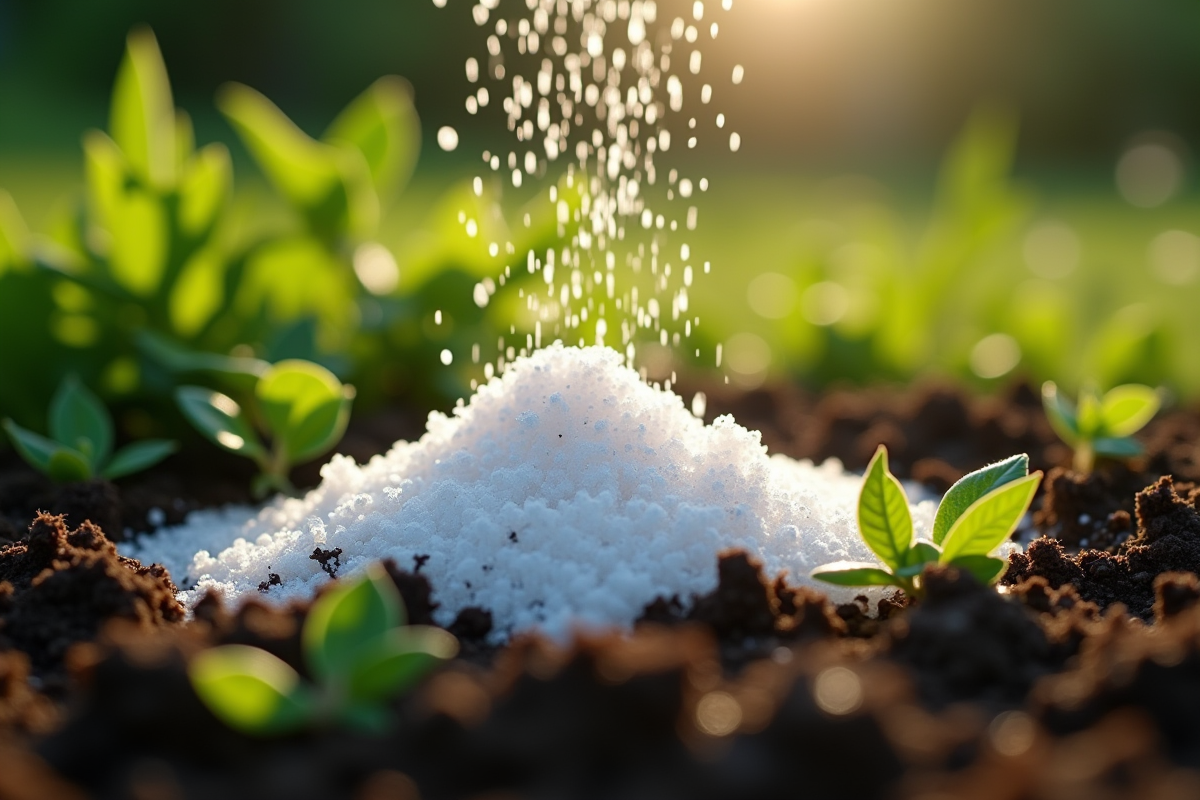 Gros plan de sel sur mauvaises herbes dans la terre du jardin