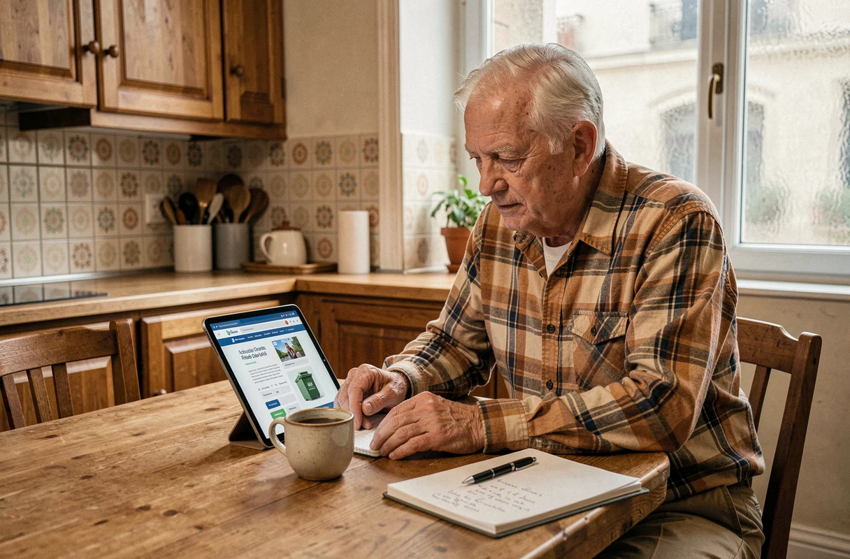 Personne âgée consultant un service d'enlèvement d'encombrants en ligne sur une tablette à Paris