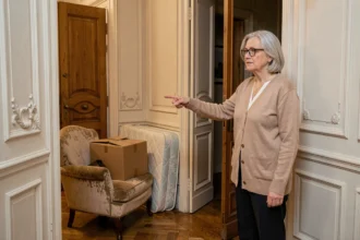Senior femme âgée indiquant des encombrants dans un couloir d'appartement parisien haussmannien