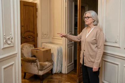 Senior femme âgée indiquant des encombrants dans un couloir d'appartement parisien haussmannien