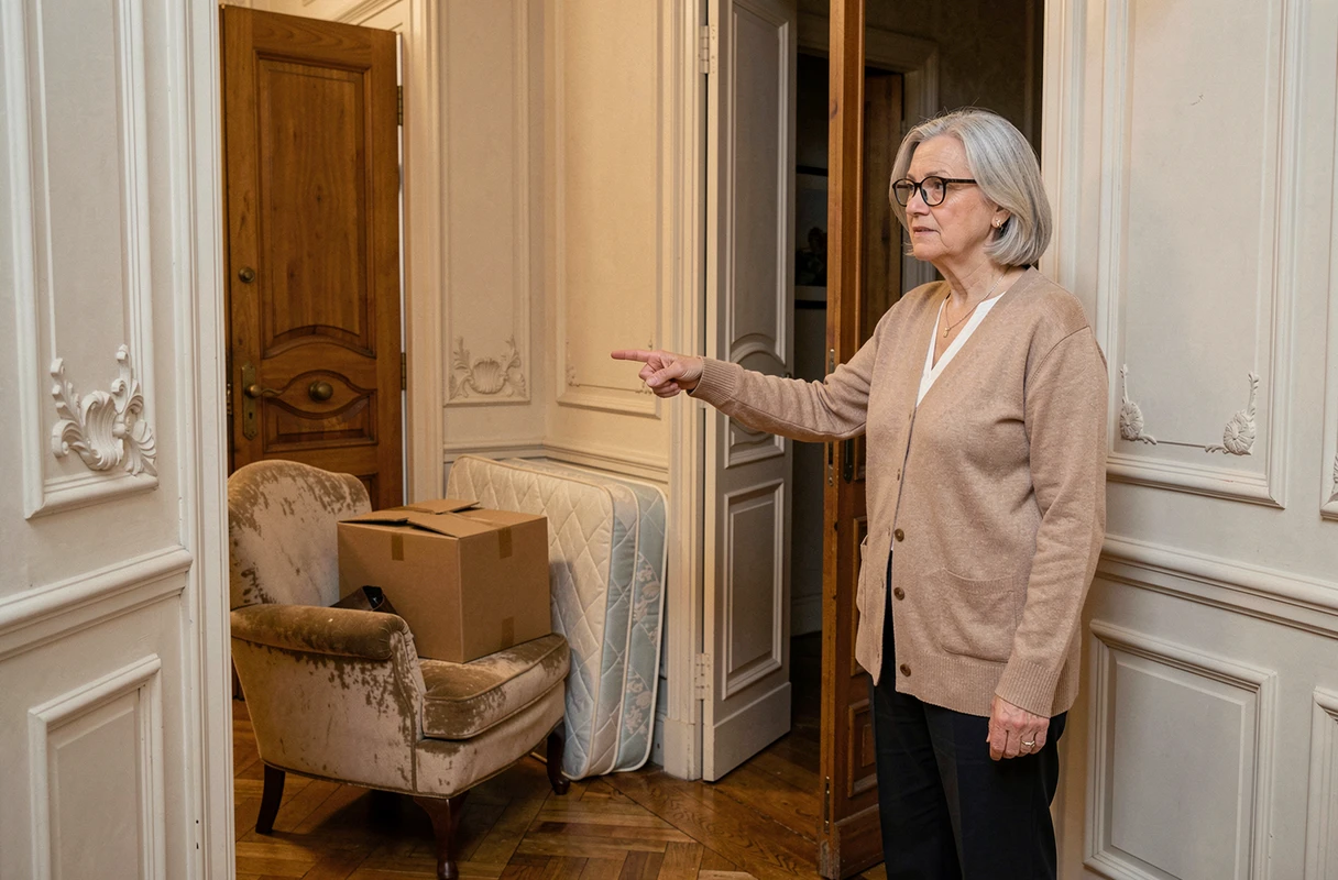 Senior femme âgée indiquant des encombrants dans un couloir d'appartement parisien haussmannien