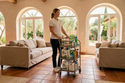 Femme de ménage professionnelle dans un salon provençal lumineux avec des produits d'entretien écologiques, illustrant les services de ménage à domicile dans le Var