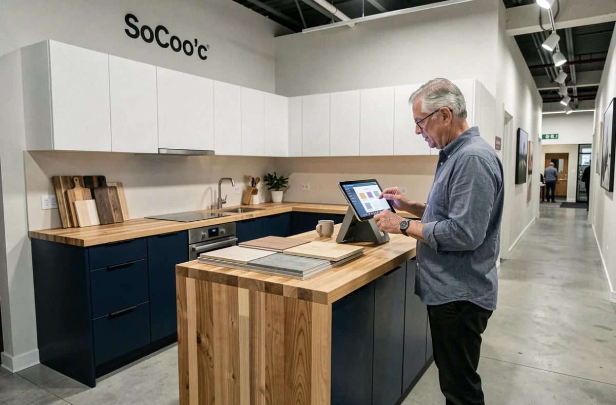 Exposition d'une cuisine bleu marine et blanche dans un showroom SoCoo'c à Nîmes avec un conseiller utilisant une tablette