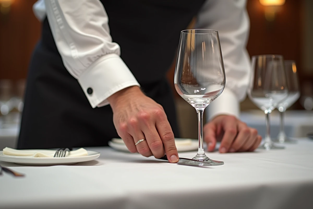 Sommelier plaçant un verre de vin à sa position exacte sur une table de restaurant français lors de la mise en place