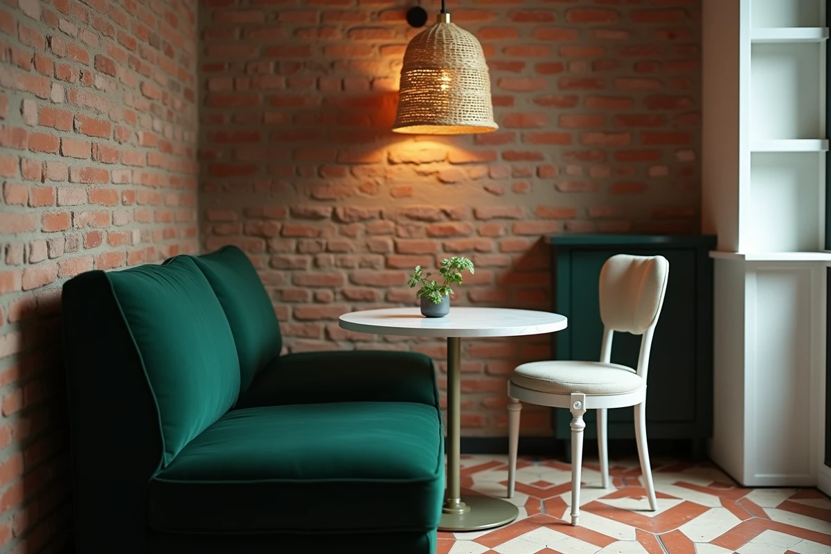 Studio urbain aménagé avec salon et coin repas dans moins de 25m² grâce à un canapé vert forêt et une table bistrot en marbre