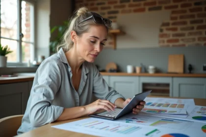 Femme utilisant une tablette pour suivre le budget de rénovation de sa maison avec des plans et échantillons de matériaux sur la table