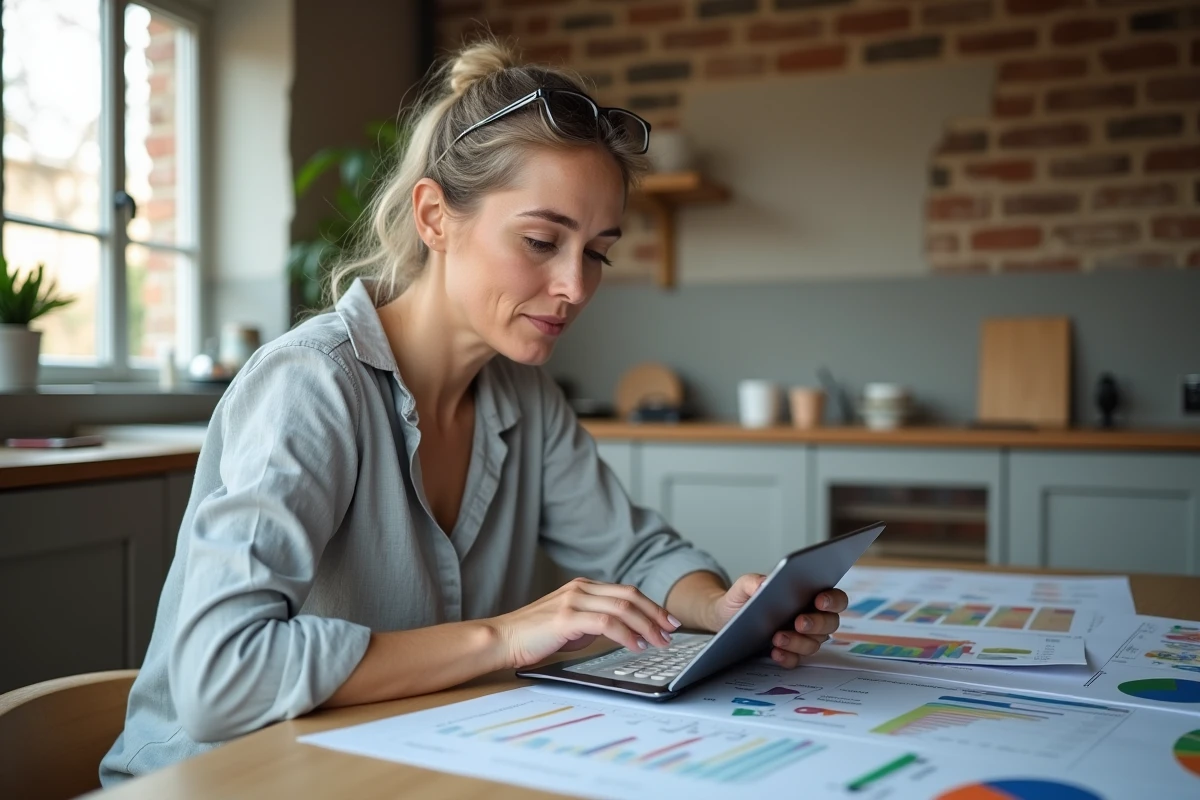 Femme utilisant une tablette pour suivre le budget de rénovation de sa maison avec des plans et échantillons de matériaux sur la table
