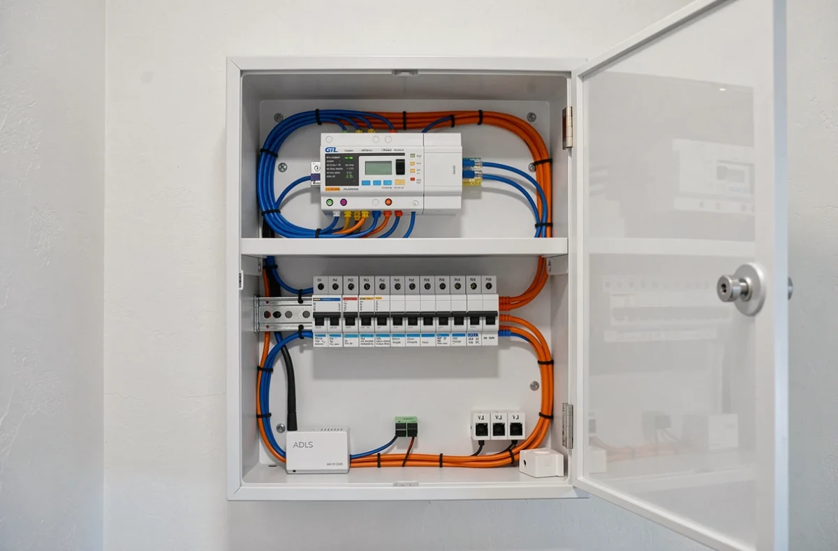Intérieur d'un tableau GTL résidentiel organisé avec fibre optique, patch panel RJ45 et câblage VDI séparé proprement