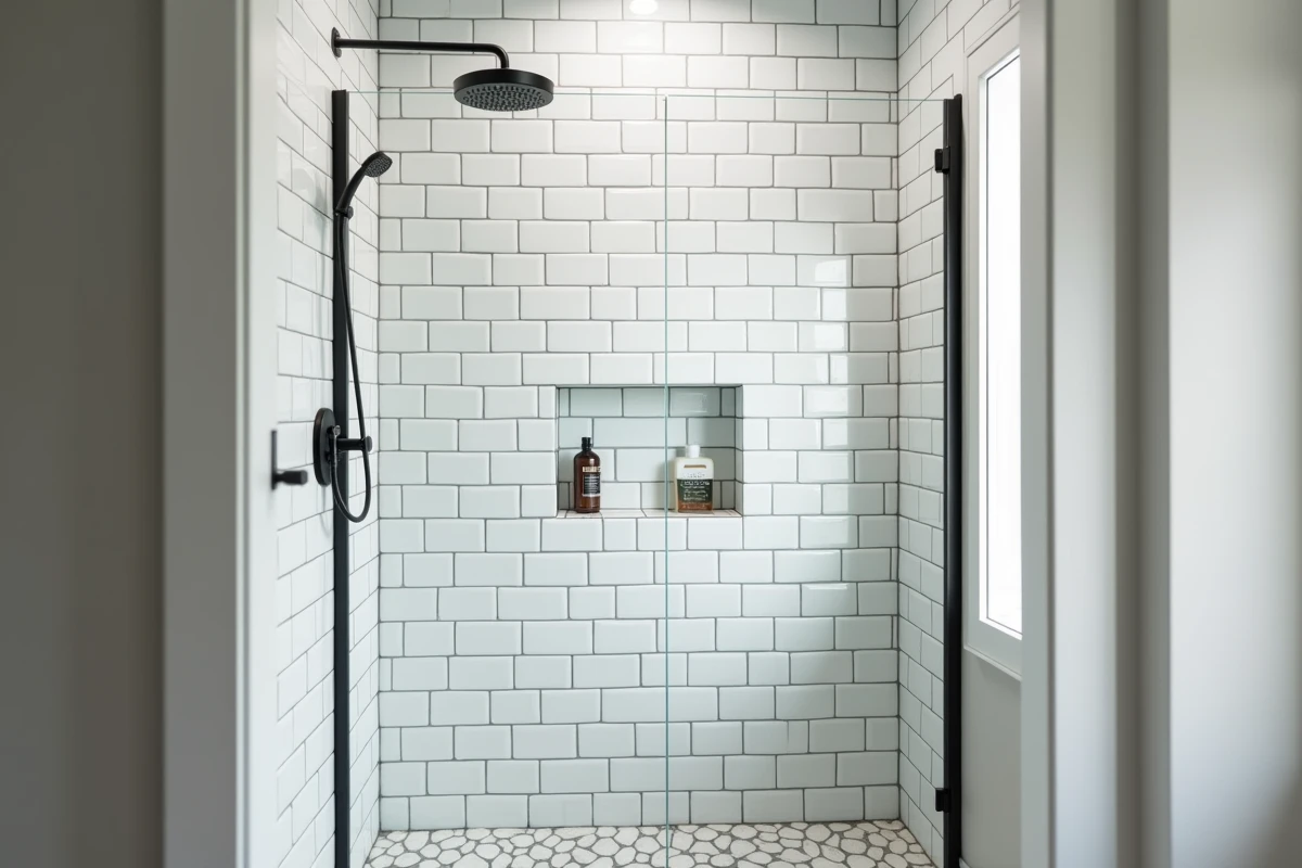 Douche à l'italienne moderne avec paroi en verre et carrelage blanc, illustrant les dimensions standard d'une cabine de douche conforme aux normes