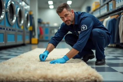 Technicien professionnel de nettoyage à sec inspectant un tapis beige en laine dans un atelier spécialisé 5 à sec