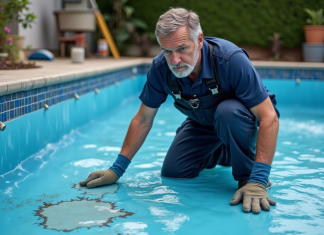 Technicien piscine inspectant liner abîmé d'une piscine extérieure