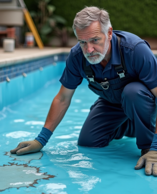 Technicien piscine inspectant liner abîmé d'une piscine extérieure