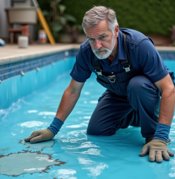 Remplacement revêtement piscine : conséquences négligeance réservoir eau Technicien piscine inspectant liner abîmé d'une piscine extérieure