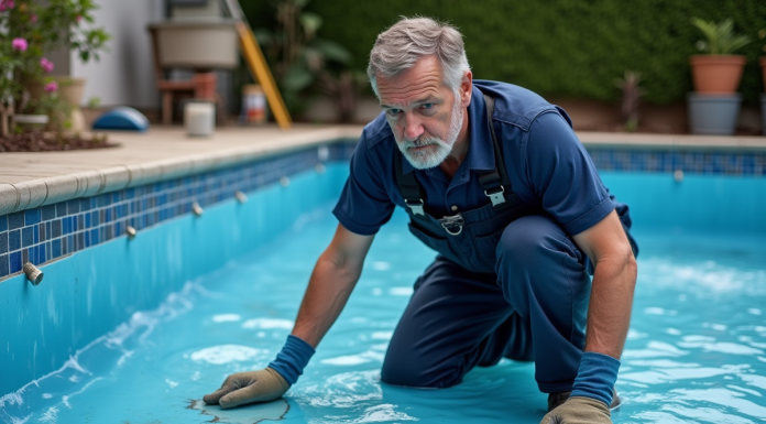 Technicien piscine inspectant liner abîmé d'une piscine extérieure