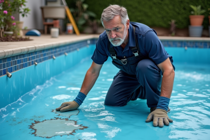 Technicien piscine inspectant liner abîmé d'une piscine extérieure