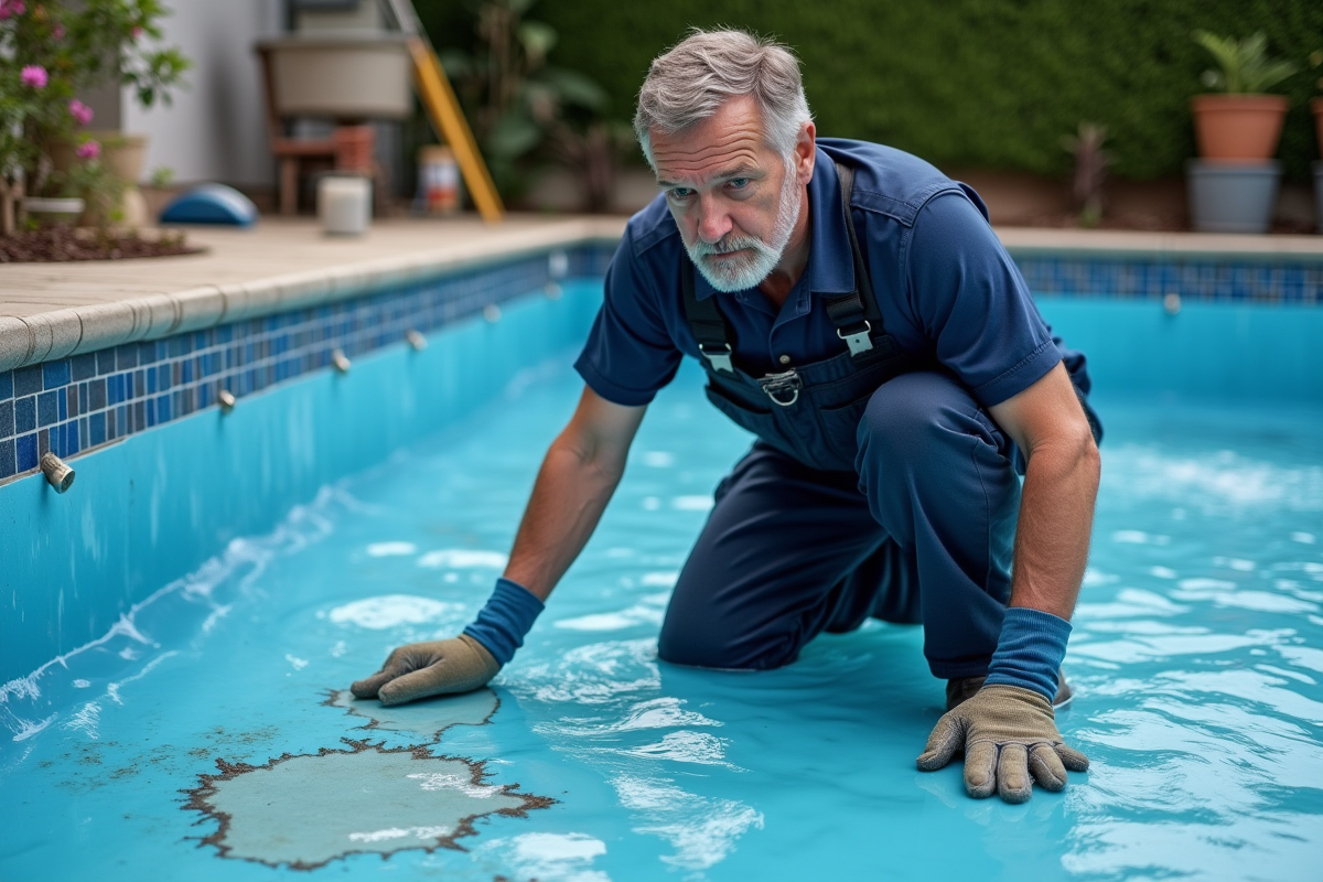 Technicien piscine inspectant liner abîmé d'une piscine extérieure