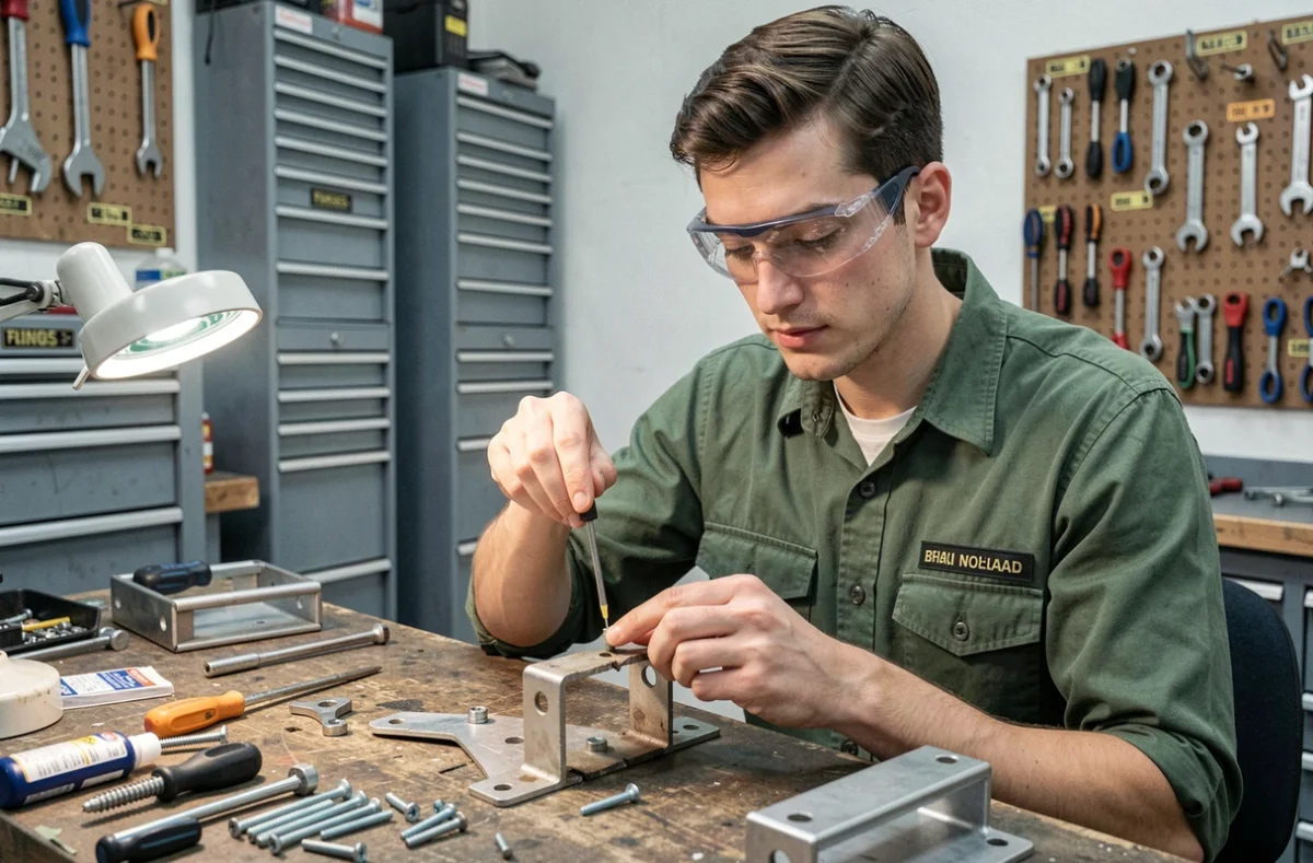 Technicien en atelier appliquant de la colle sur un tournevis pour retirer une vis foirée sur une pièce métallique