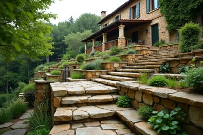Jardin en terrasses sur terrain en pente avec murs de soutènement en pierre naturelle et végétation méditerranéenne