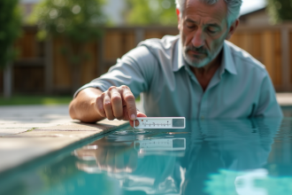 Homme d'âge moyen testant l'eau de la piscine dans le jardin