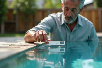 Homme d'âge moyen testant l'eau de la piscine dans le jardin