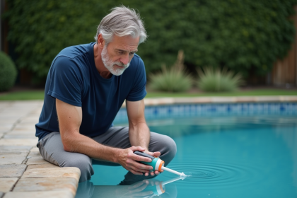 Homme en t-shirt bleu testant l'eau d'une piscine extérieure