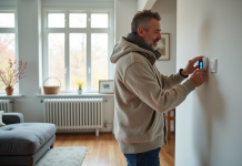 Chauffage électrique économique : quel est le mode le plus rentable ? Homme d'âge moyen ajustant un thermostat digital dans un salon moderne