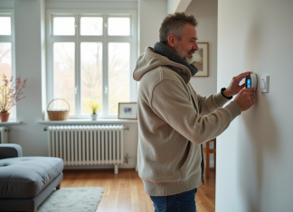 Chauffage électrique économique : quel est le mode le plus rentable ? Homme d'âge moyen ajustant un thermostat digital dans un salon moderne