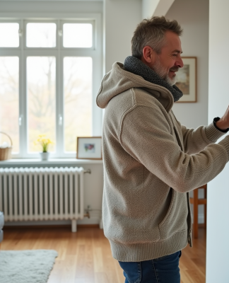Homme d'âge moyen ajustant un thermostat digital dans un salon moderne