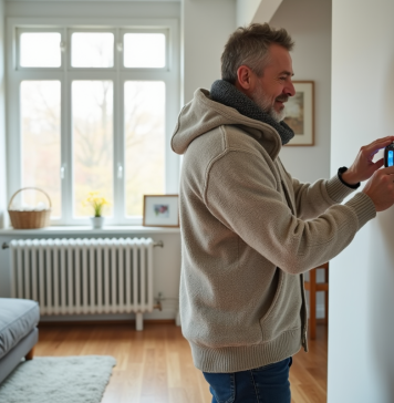 Homme d'âge moyen ajustant un thermostat digital dans un salon moderne