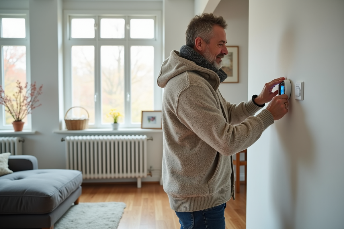 Homme d'âge moyen ajustant un thermostat digital dans un salon moderne