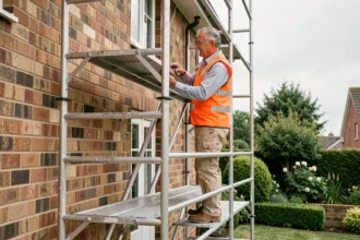 Ouvrier professionnel debout sur un échafaudage en aluminium loué contre la façade d'une maison lors de travaux de rénovation extérieure