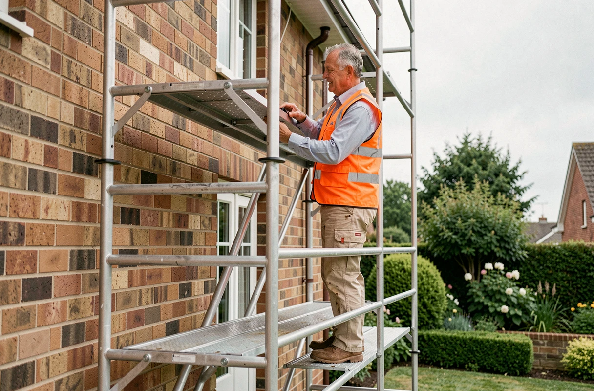 Ouvrier professionnel debout sur un échafaudage en aluminium loué contre la façade d'une maison lors de travaux de rénovation extérieure