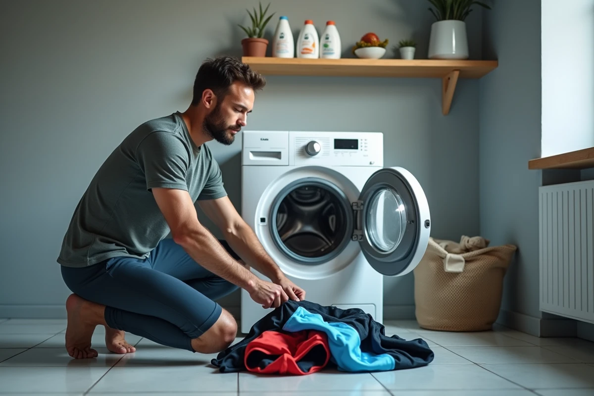 Homme triant des vêtements de sport techniques devant un lave-linge ouvert avant le lavage